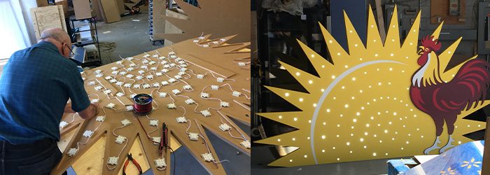 A POP49 technician installs lights on a display that was cut on a CNC machine. TOP RIGHT: The finished product.