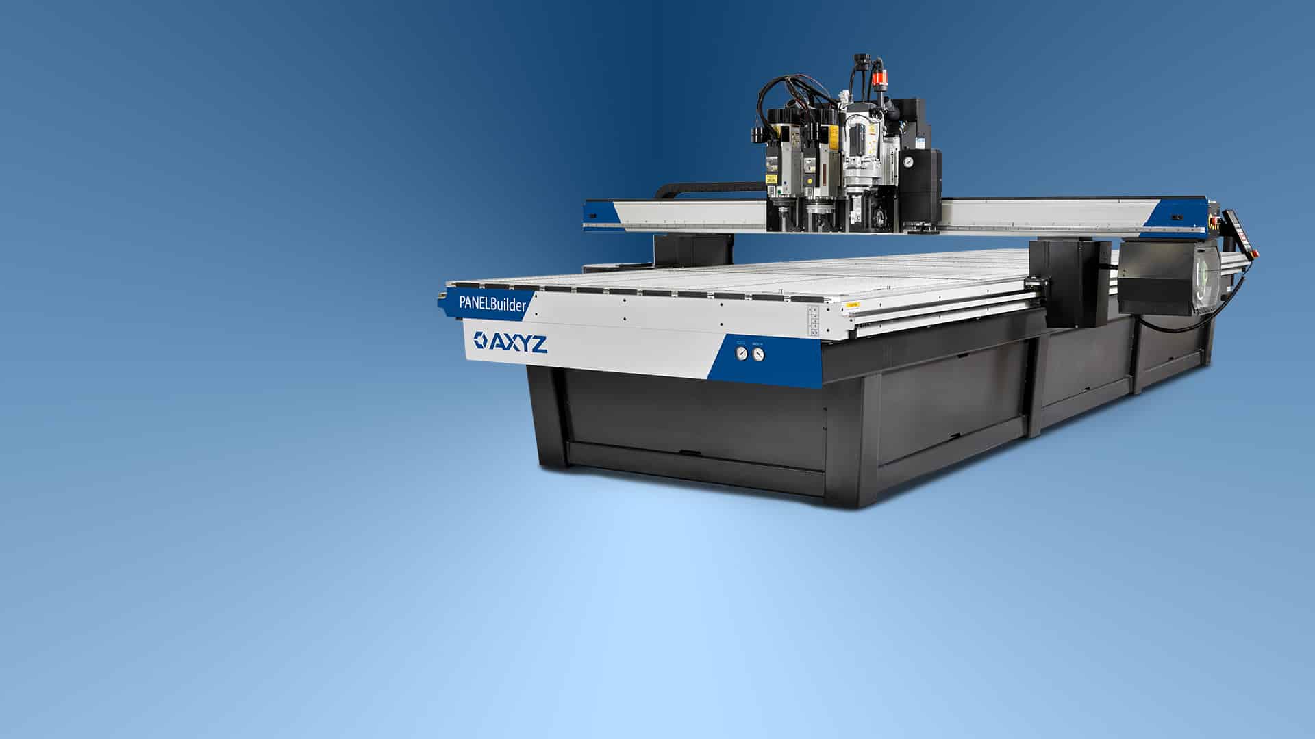 A CNC router from AXYZ PanelBuilder series against a blue background